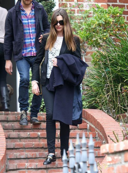 Anne Hathaway Pictures Anne Hathaway leaving a friends house in Beverly Hills on January 20, 2012