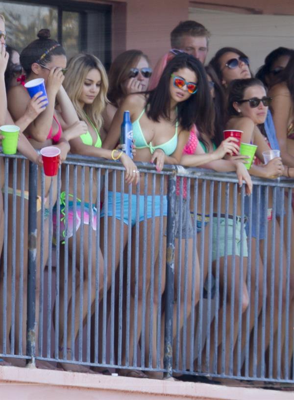 Selena Gomez, Vanessa Hudgens and Ashley Benson on the set of Spring Breakers on March 21, 2012