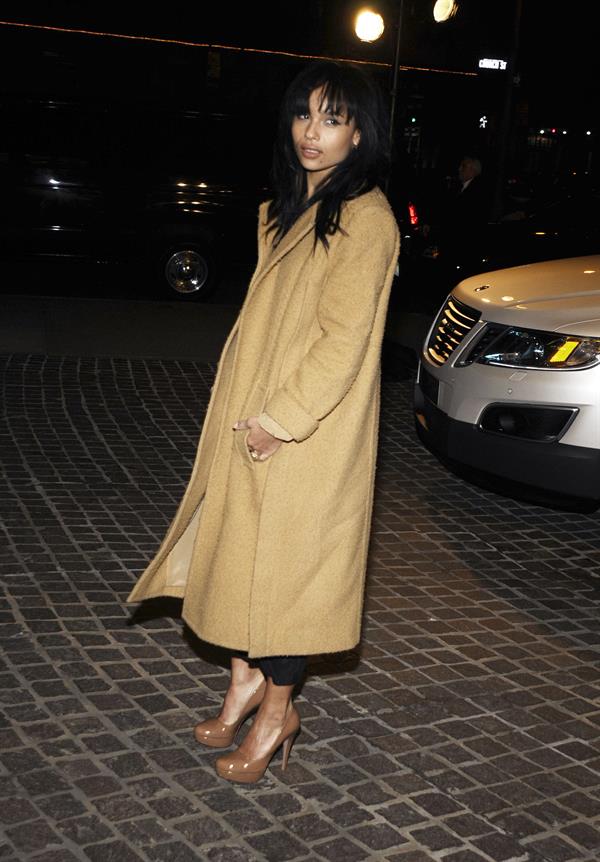 Zoe Kravitz in a long jacket and high heels