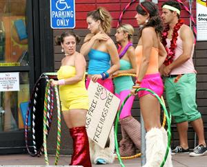 Olivia Wilde in shorts on the set of film free hugs in California July 29, 2011 