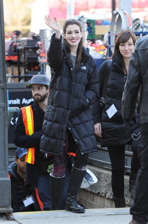 Anne Hathaway on the Dark Knight Rises set in New York City 4-11-2011 