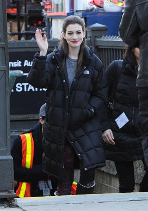 Anne Hathaway on the Dark Knight Rises set in New York City 4-11-2011 
