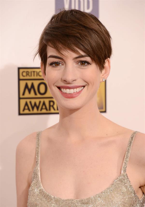 Anne Hathaway attends the Critics' Choice Movie Awards 2013 with Skinnygirl Cocktails at Barkar Hangar