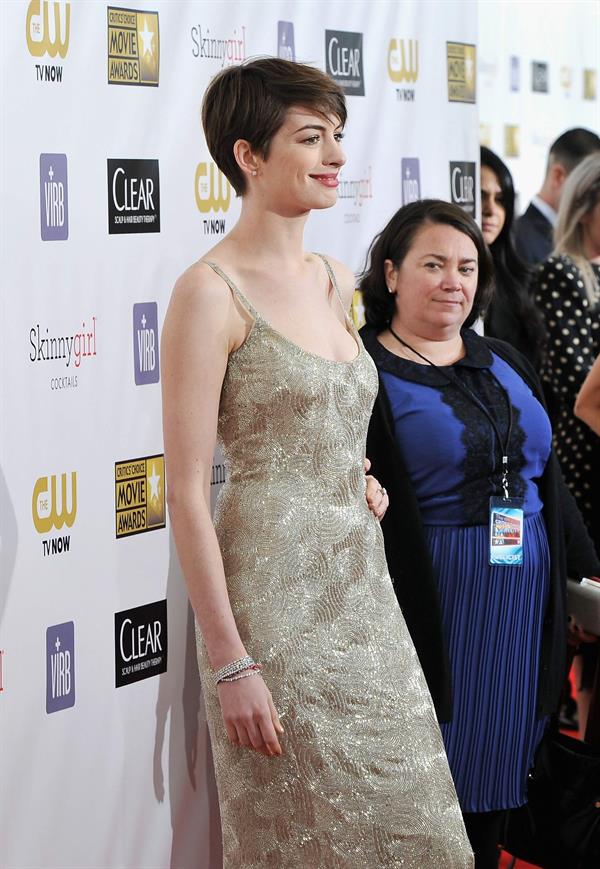 Anne Hathaway attends the Critics' Choice Movie Awards 2013 with Skinnygirl Cocktails at Barkar Hangar