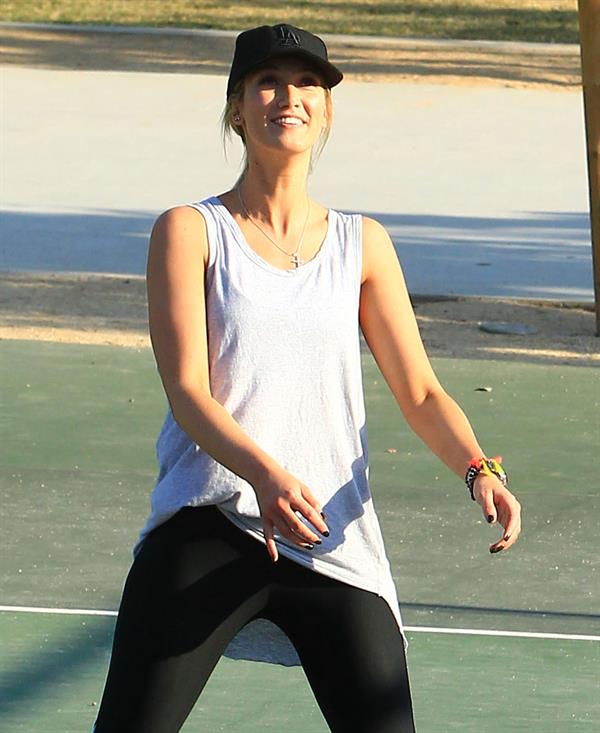 Delta Goodrem playing basketball with a friend in Los Angeles, California on November 3, 2013 