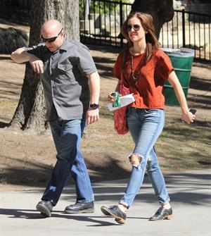 Jessica Stroup takes a break on the set of 90210 in Los Angeles on February 26, 2013