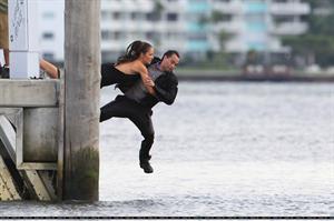 Minka Kelly films Charlie's Angels on a beach in Miami 02-09-2011 