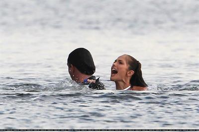 Minka Kelly films Charlie's Angels on a beach in Miami 02-09-2011 