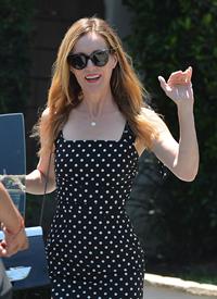 Leslie Mann leaves a private party in Brentwood on August 10, 2014 wearing a black and white polka dot dress