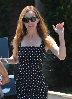 Leslie Mann leaves a private party in Brentwood on August 10, 2014 wearing a black and white polka dot dress