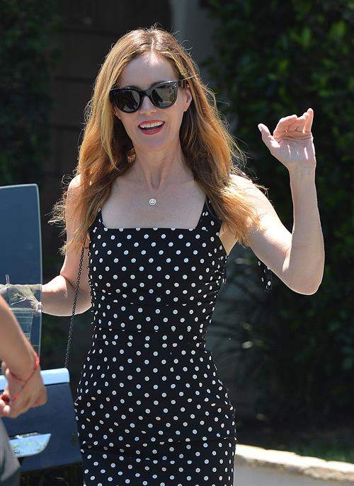 Leslie Mann leaves a private party in Brentwood on August 10, 2014 wearing a black and white polka dot dress