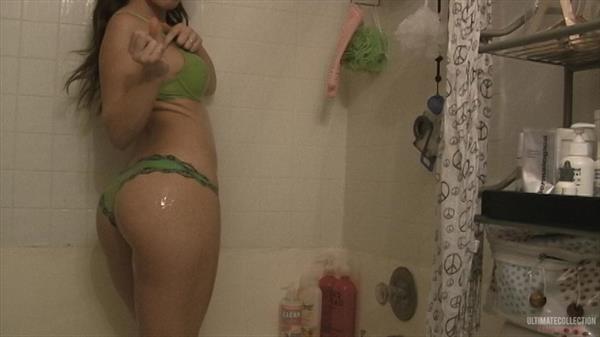 Kari Sweets showering in green lingerie