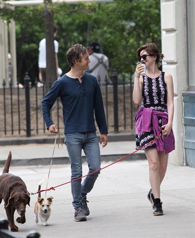 Anne Hathaway out walking with her husband in New York City