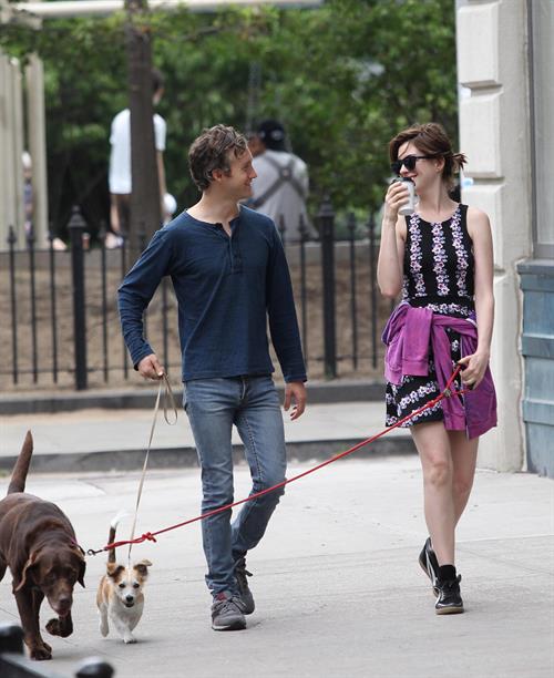 Anne Hathaway out walking with her husband in New York City