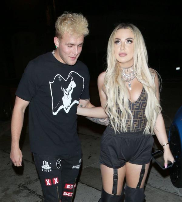 Tana Mongeau sexy cleavage in a revealing little outfit with Jake Paul.











