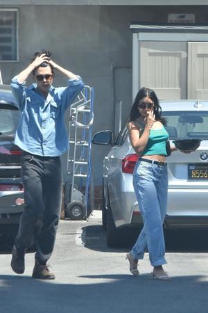 Vanessa Hudgens braless nipples pokies in a green top showing off her tits seen by paparazzi with Austin Butler.


















