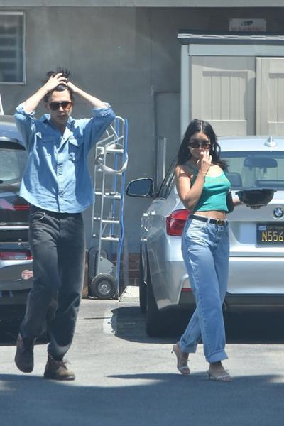 Vanessa Hudgens braless nipples pokies in a green top showing off her tits seen by paparazzi with Austin Butler.


















