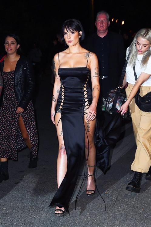 Halsey Pictures Halsey sexy in a very revealing laced dress seen by paparazzi arriving to DKNY fashion show in New York.