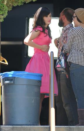 Zooey Deschanel On Set of a Music Video Shooting in Los Angeles April 16, 2013 