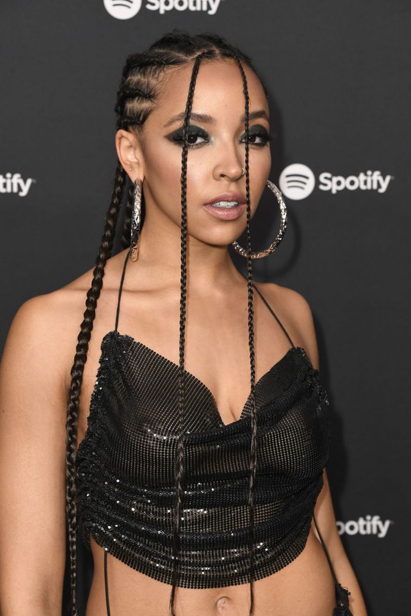 Tinashe braless boobs in a see through top showing off her tits arriving to Spotify Best New Artist Party.