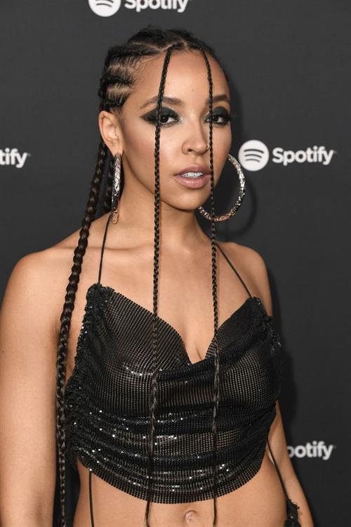 Tinashe braless boobs in a see through top showing off her tits arriving to Spotify Best New Artist Party.