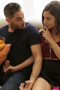 Cock craving nubile Arielle Faye sneaks in blowjobs and a hardcore stiffie ride in her bald pussy with her stepbrother