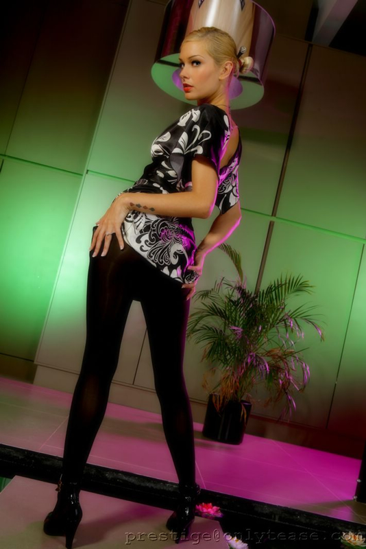  Stunning blonde Natasha Marley in sexy kimono and dark pantyhose. 