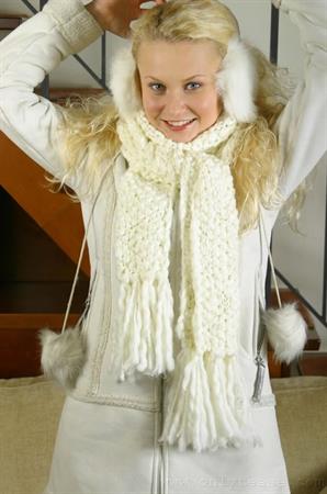 Karen Nude Pictures Gorgeous blonde Karen in winter coat with lingerie underneath