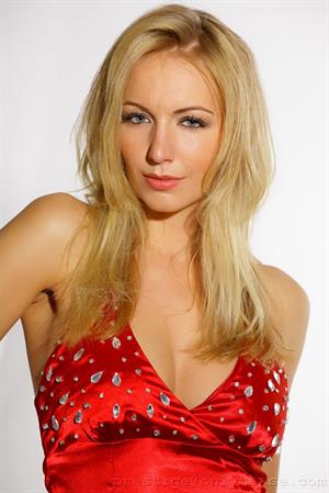  Beautiful lady in red Hayley-Marie in a sexy evening dress with black stockings. 