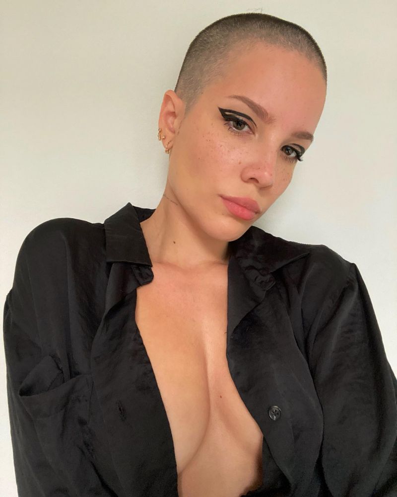 Halsey braless boobs how it nice cleavage with her big tits in an open  black too with her buzzed hair too Unrated