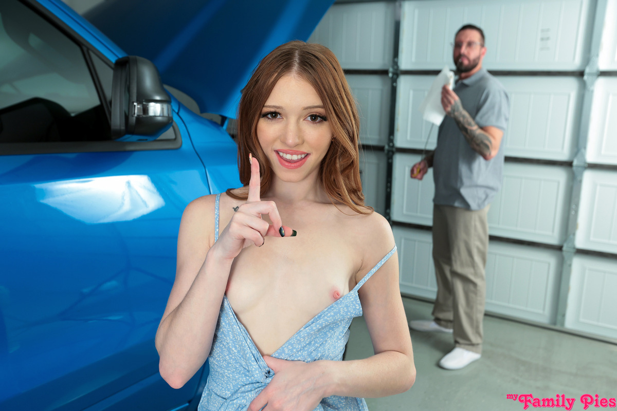 Horny petite redhead Myra Moans helps her stepdaddy with his how-to video then has him shove his dipstick in her pussy